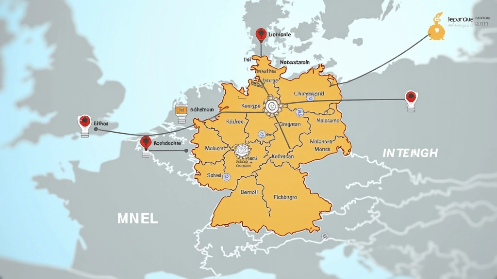 Deutschlandkarte mit Bundesländern, Datenfluss-Symbole zeigen Informationsfluss zu zentralem Punkt