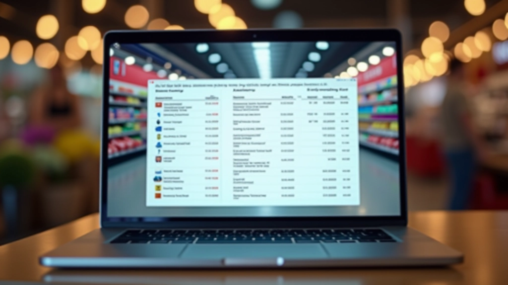 Online-Marktplatz auf Laptop-Bildschirm mit Produktlisten und Preisen, digitales Einkaufskonzept