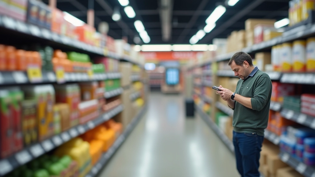 Statistiker in Supermarkt notiert Preise mit Klemmbrett, moderne Ladenregale im Hintergrund
